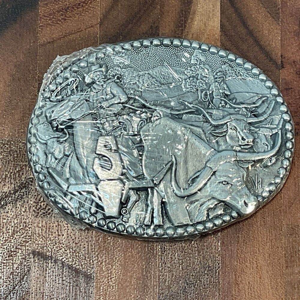NEW Sheplers Western Belt Buckle Zee Series Pewter Tone Cowboy Longhorn Cattle